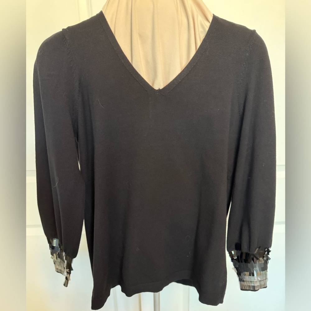 Chico's Sophisticated Black V Neck Top With Glistening Sequins on Cuffs.Chicos 1
